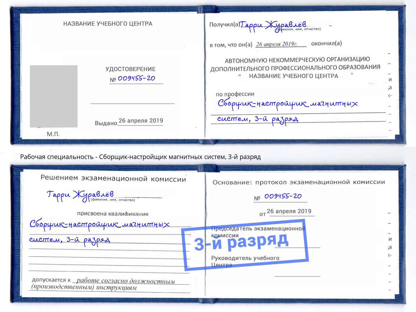 корочка 3-й разряд Сборщик-настройщик магнитных систем Шатура