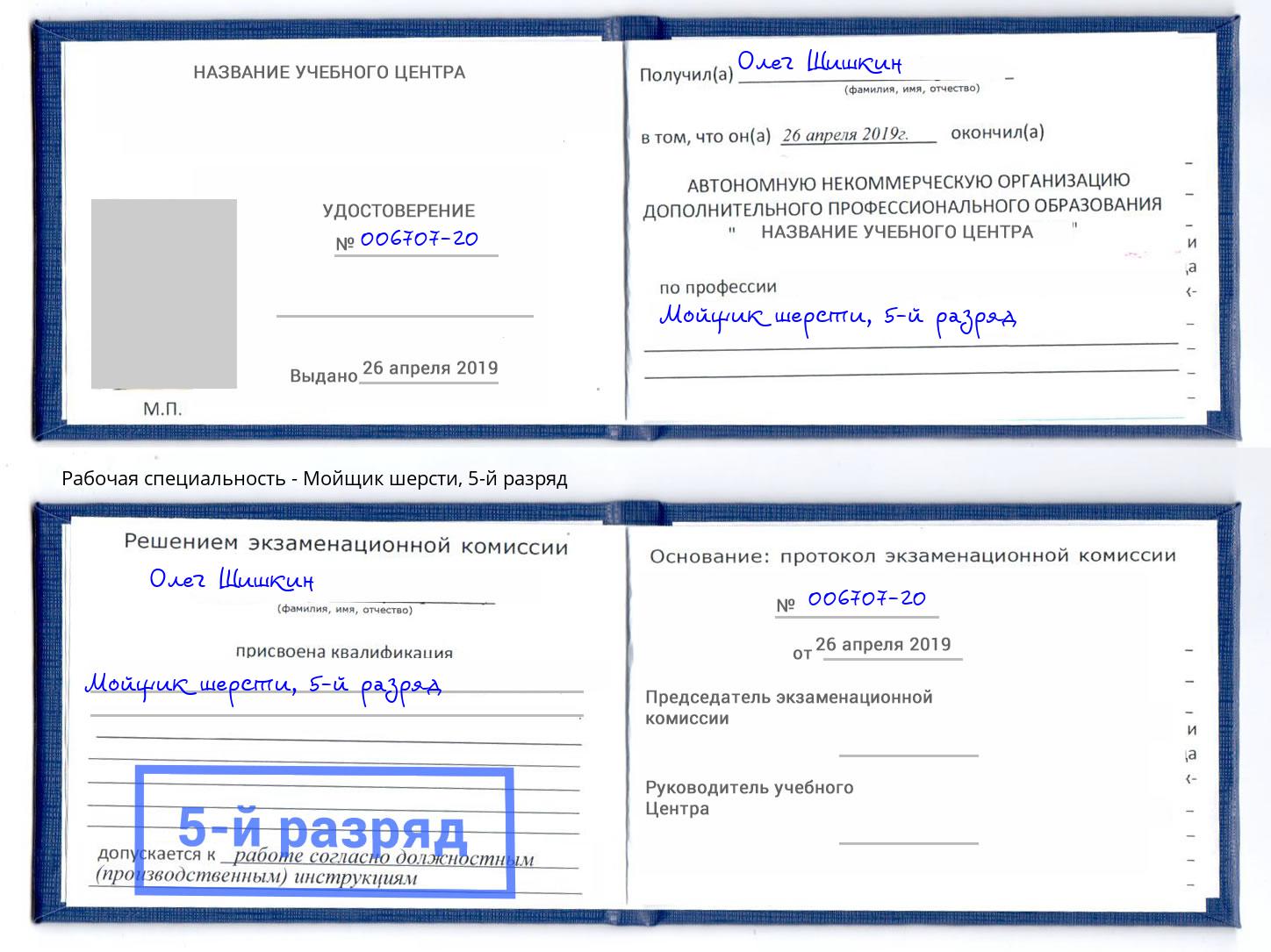 корочка 5-й разряд Мойщик шерсти Шатура