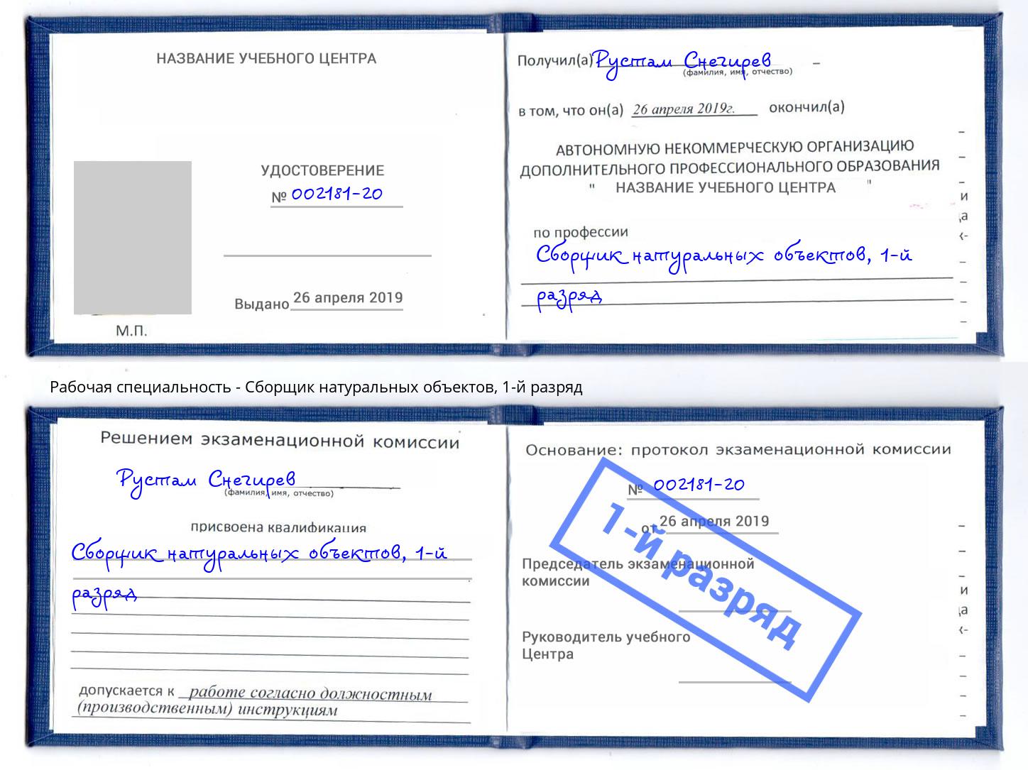 корочка 1-й разряд Сборщик натуральных объектов Шатура